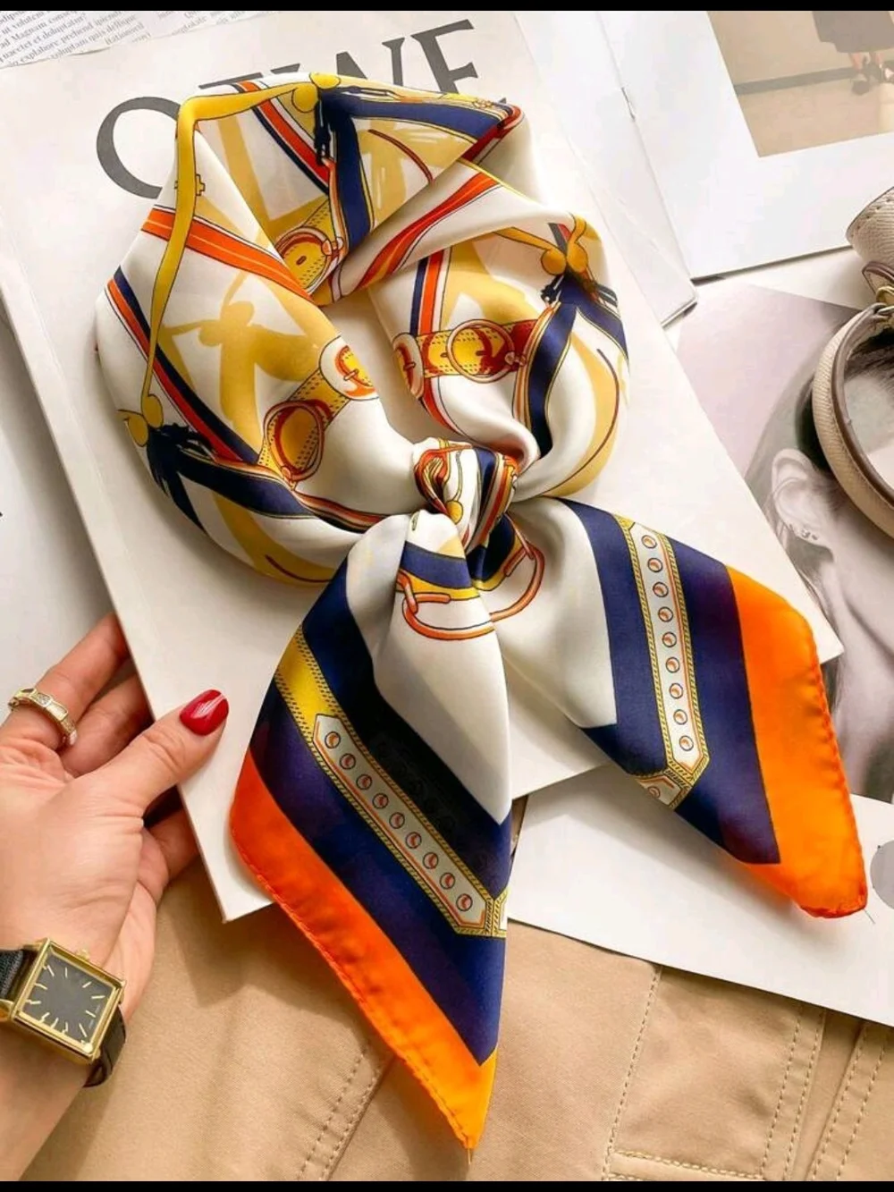 Classic Silk-Feel Orange & Navy Patterned Women's Scarf 27.5